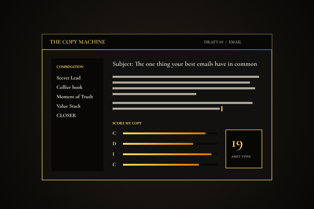 The Copy Machine writing a scored email draft