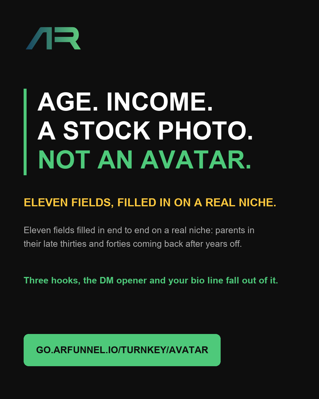 Ad creative: Age. Income. A stock photo. Not an avatar. Eleven fields, filled in on a real niche.