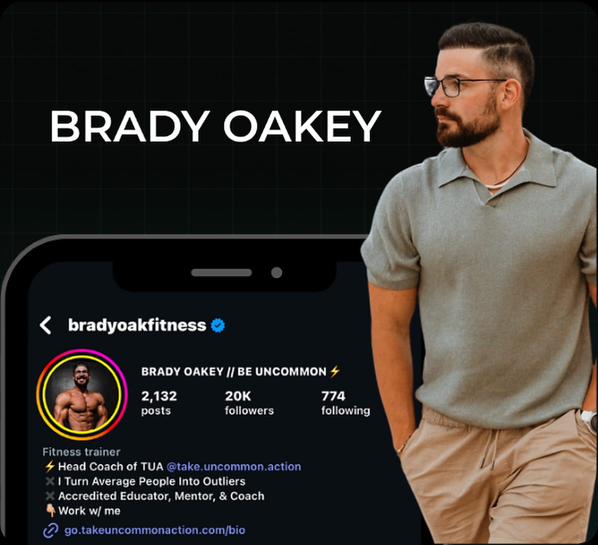 Brady Oakey, Instagram profile card for bradyoakfitness