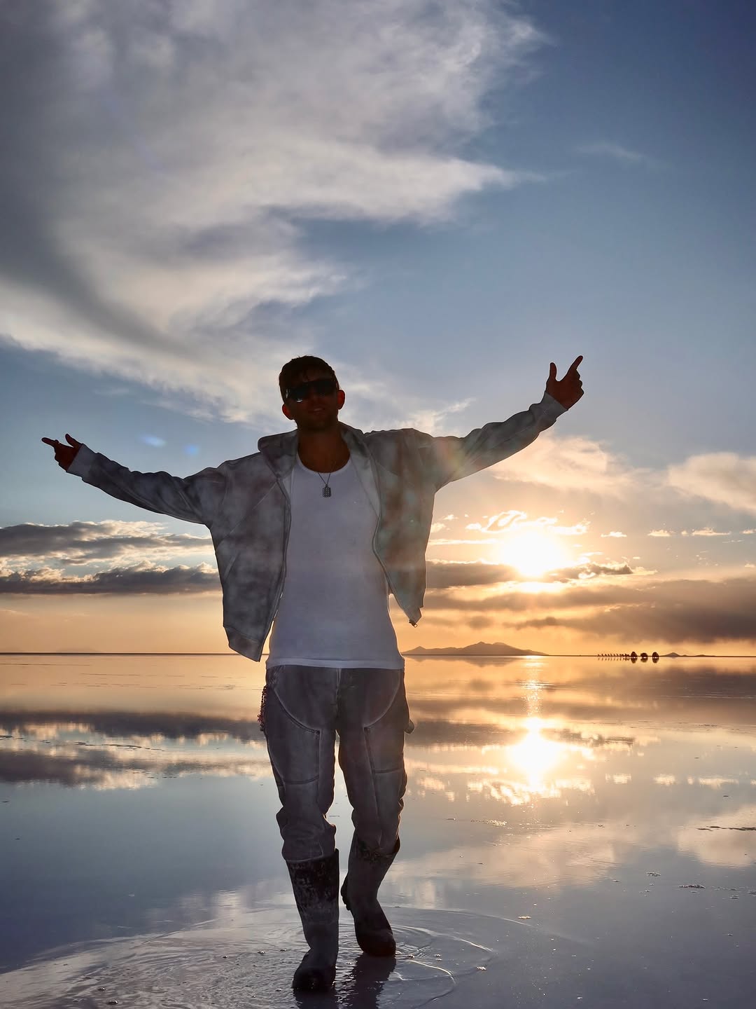 Matt Steffanina on the salt flats, arms open